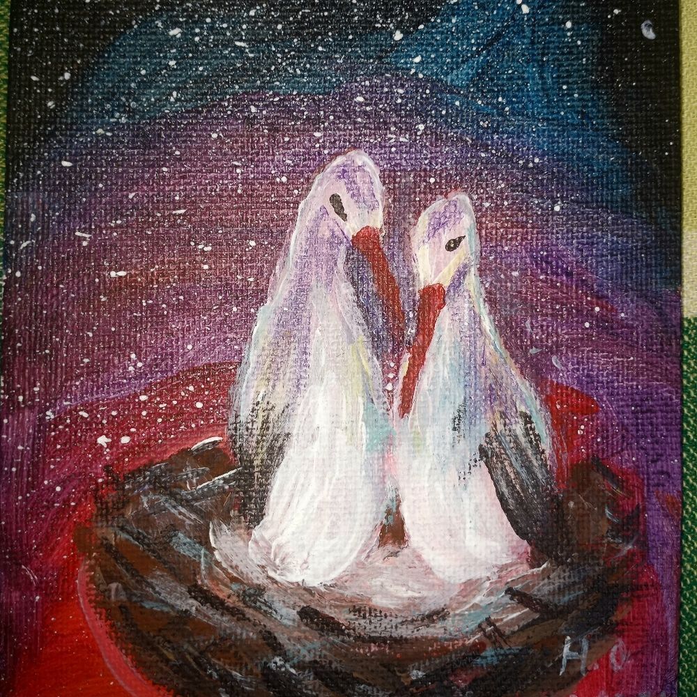 Original Birds Family Love Small Canvas Acrylic Painting 4"×6"